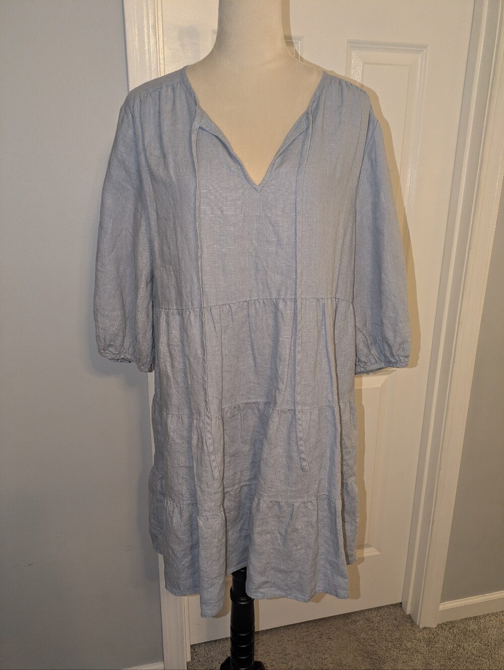 100% Linen Blue Tiered Mini Dress With 3/4 Sleeves L/XL